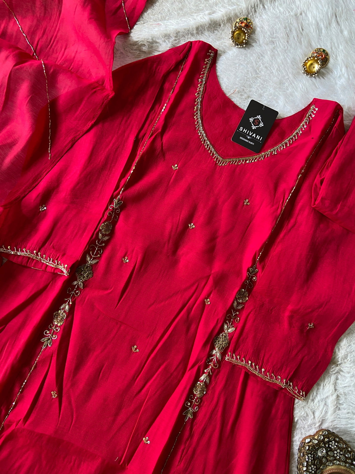 Handwork Work Aline Kurti, Palazzo And Dupatta. Silk Suit Sets For Women Online India. Shop the Latest Festive Summer Collection at Shivani Designer Kurti.