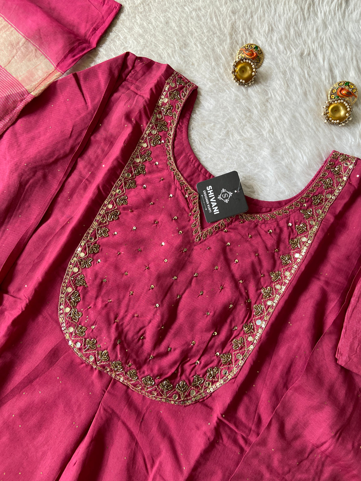 Hand Work Neck, Jamdani Silk Aline Kurti With Palazzo And Dupatta. Silk Suit Sets For Women Online India. Shop the Latest Festive Summer Collection at Shivani Designer Kurti.