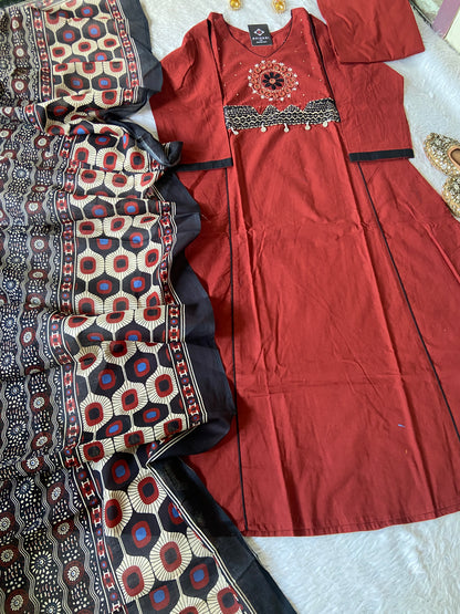 Cotton Hand Work Aline Kurti With Palazzo And Block Dupatta (Gamthi Pair). Cotton Suit Sets For Women Online India. Shop the Latest Festive Summer Collection at Shivani Designer Kurti.