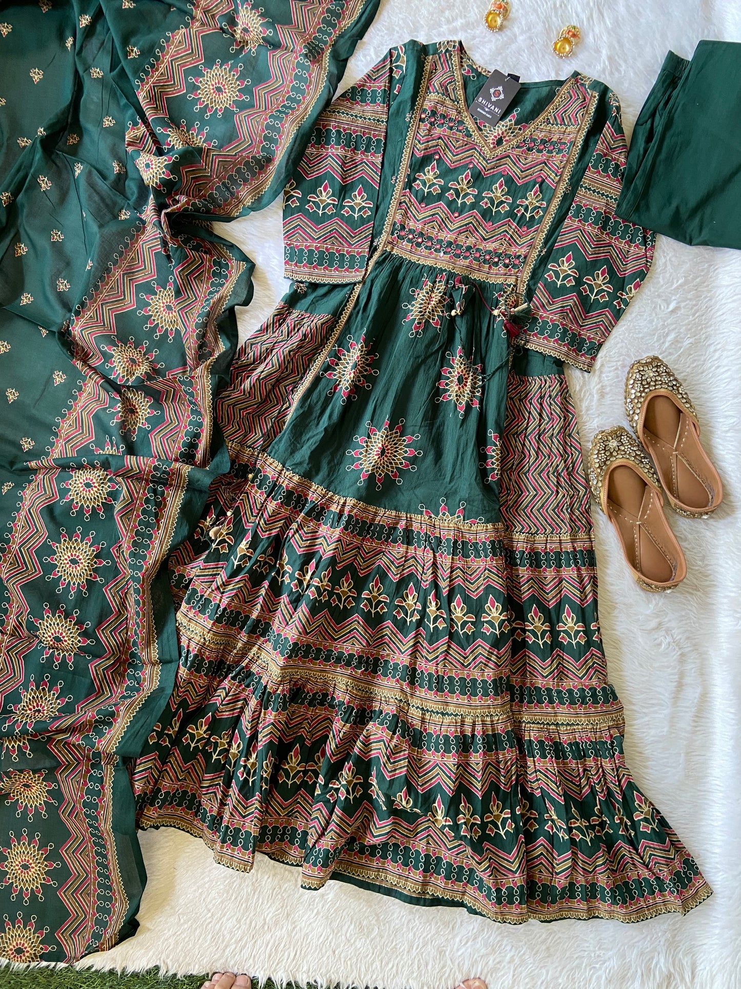 Jaipuri Cotton Anarkali Kurti With Pant And Dupatta. Cotton Suit Sets For Women Online India. Shop the Latest Festive Summer Collection at Shivani Designer Kurti.