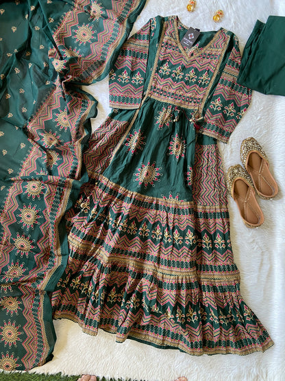 Jaipuri Cotton Anarkali Kurti With Pant And Dupatta. Cotton Suit Sets For Women Online India. Shop the Latest Festive Summer Collection at Shivani Designer Kurti.