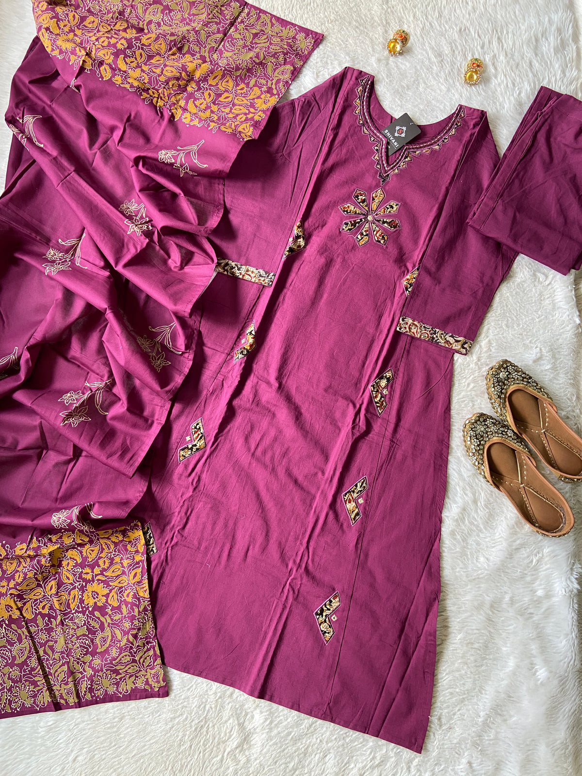 Aplic Work Cotton Aline Kurti, Palazzo And Block Printed Dupatta (Gamthi Pair). Cotton Suit Sets For Women Online India. Shop the Latest Festive Summer Collection at Shivani Designer Kurti.