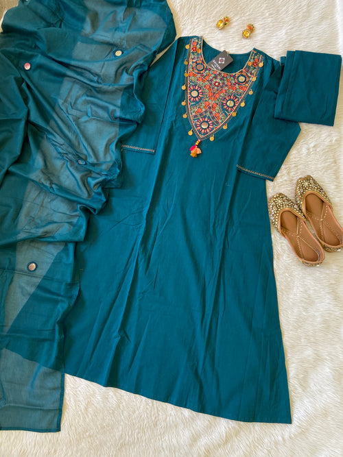 Embroidery Work Cotton Aline Kurti, Pant And Dupatta. Cotton Suit Sets For Women Online India. Shop the Latest Festive Summer Collection at Shivani Designer Kurti.