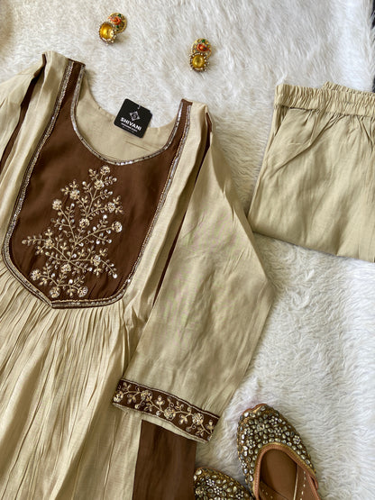 Beautiful Work In Neck, Aline Kurti With Semi Palazzo And Dupatta. Silk Suit Sets For Women Online India. Shop the Latest Festive Summer Collection at Shivani Designer Kurti.