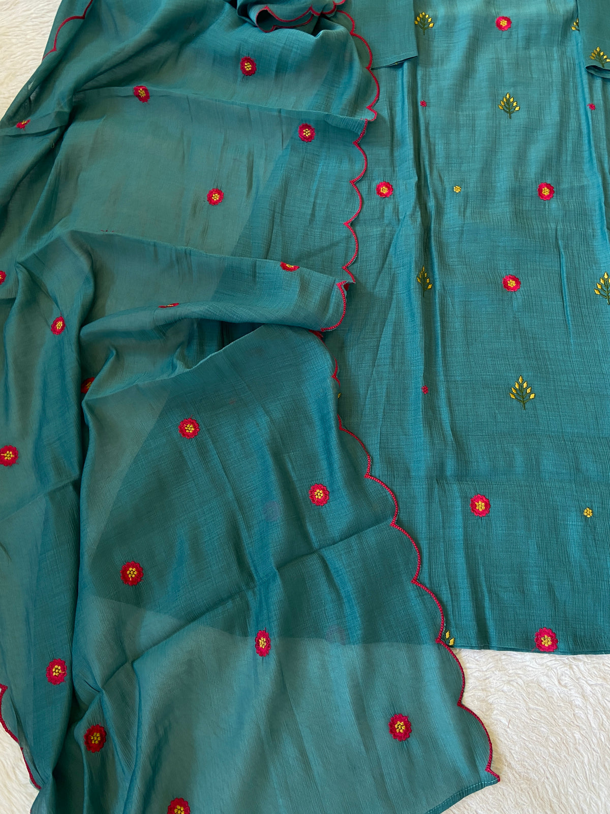 Flower Embroidery Work Coral Silk Aline Kurti With Palazzo And Dupatta. Silk Suit Sets For Women Online India. Shop the Latest Festive Summer Collection at Shivani Designer Kurti.