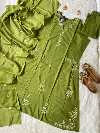 Embroidery Work Cotton Aline Kurti, Pant And Dupatta. Cotton Suits Sets For Women Online India. Shop the Latest Festive Summer Collection at Shivani Designer Kurti.