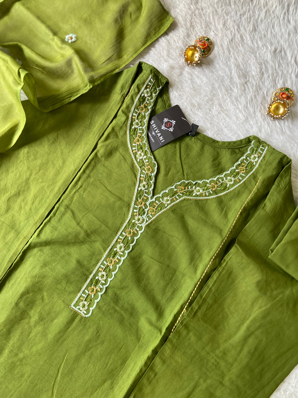 Embroidery Work Cotton Aline Kurti, Pant And Dupatta. Cotton Suits Sets For Women Online India. Shop the Latest Festive Summer Collection at Shivani Designer Kurti.