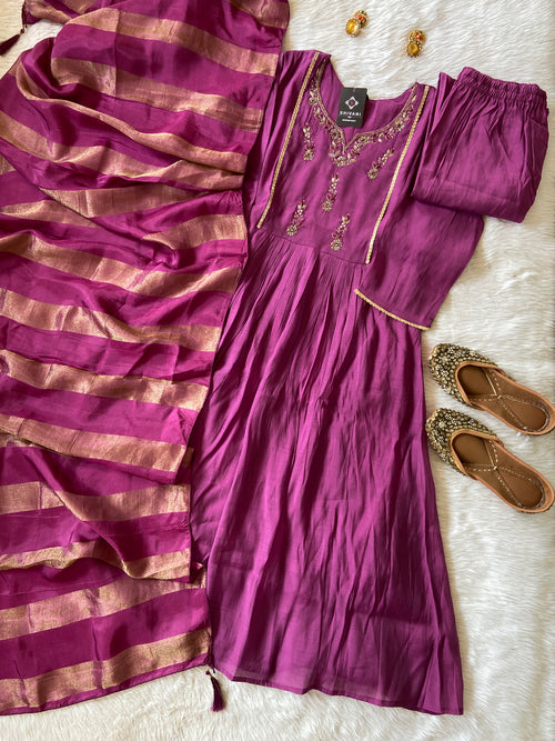 Mul Chanderi Aline Kurti With Plain Palazzo And Dupatta, Silk Aline Suit Sets For Women