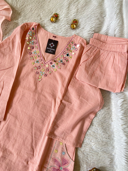 Mirror Work Cotton Straight Cut Kurti With Pant And Dupatta. Cotton Suit Sets For Women Online India. Shop the Latest Festive Summer Collection at Shivani Designer Kurti.