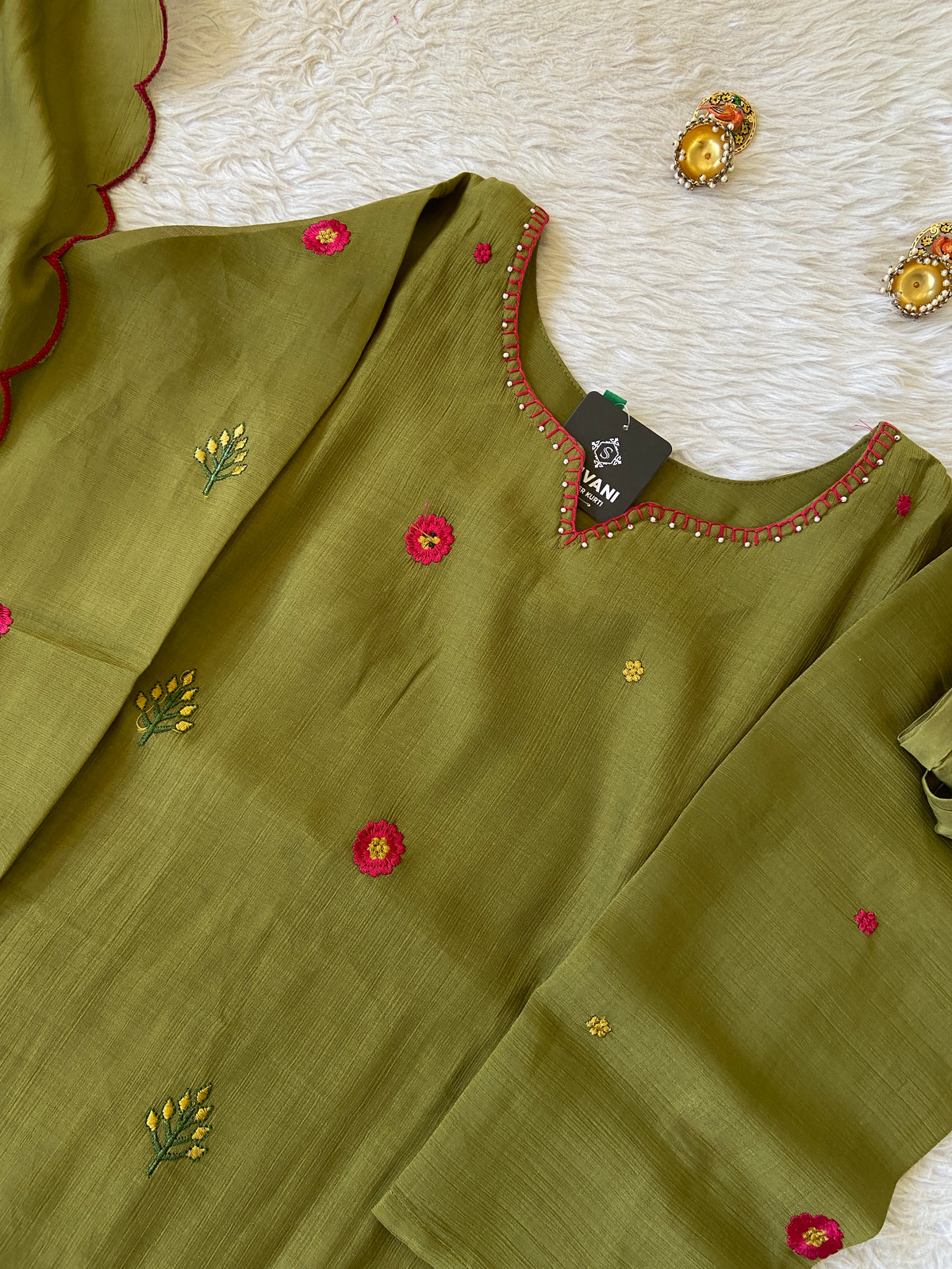 Flower Embroidery Work Coral Silk Aline Kurti With Palazzo And Dupatta. Silk Suit Sets For Women Online India. Shop the Latest Festive Summer Collection at Shivani Designer Kurti.