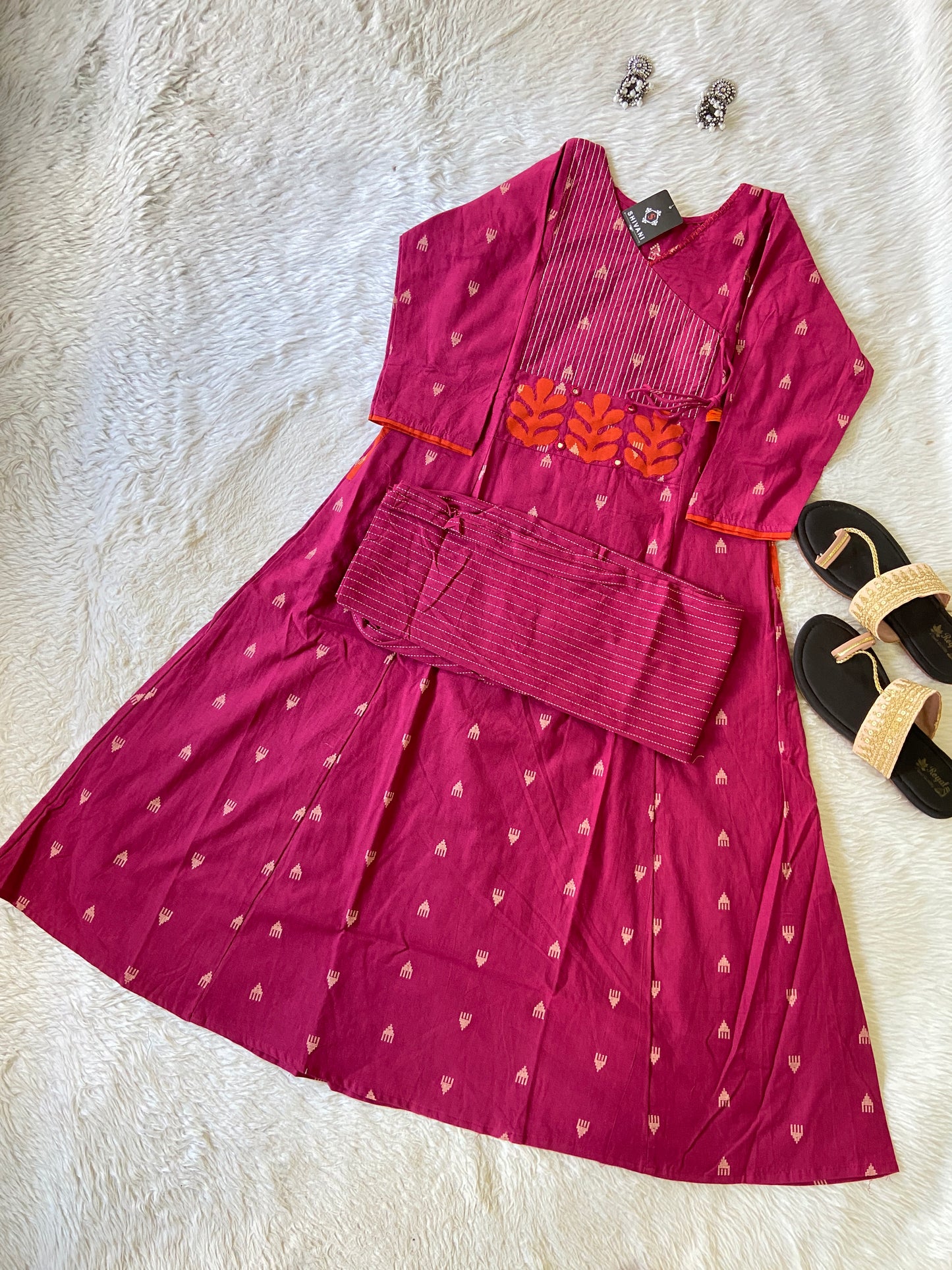 Angarakha Style With Aplic Work Aline Kurti And Palazzo (Gamthi Pair). Cotton Aline Kurti Sets For Women.