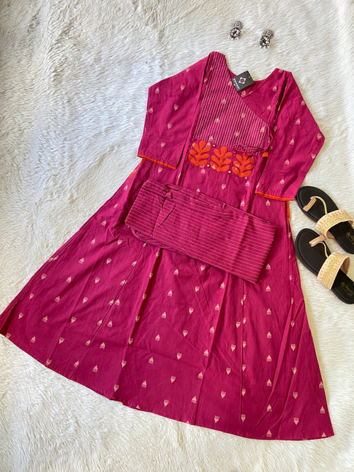 Angarakha Style With Aplic Work Aline Kurti And Palazzo (Gamthi Pair). Cotton Aline Kurti Sets For Women.