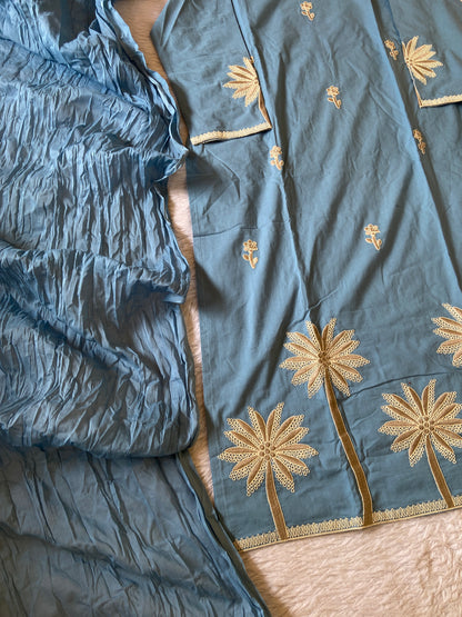 Flower Embroidery Work Cotton Straight Kurti, Pant And Dupatta. Cotton Suit Sets For Women Online India. Shop the Latest Festive Summer Collection at Shivani Designer Kurti.