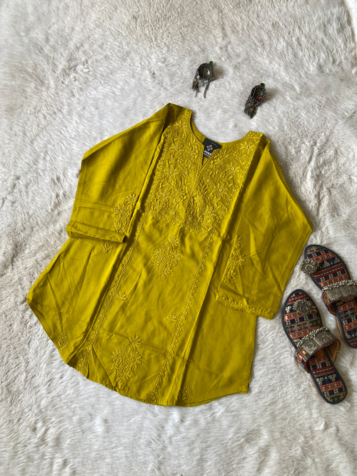 Rayon Lucknowi Chikankari Short Kurti. Rayon Short Top For Women online India. Shop the Latest Festive Summer Collection at Shivani Designer Kurti.