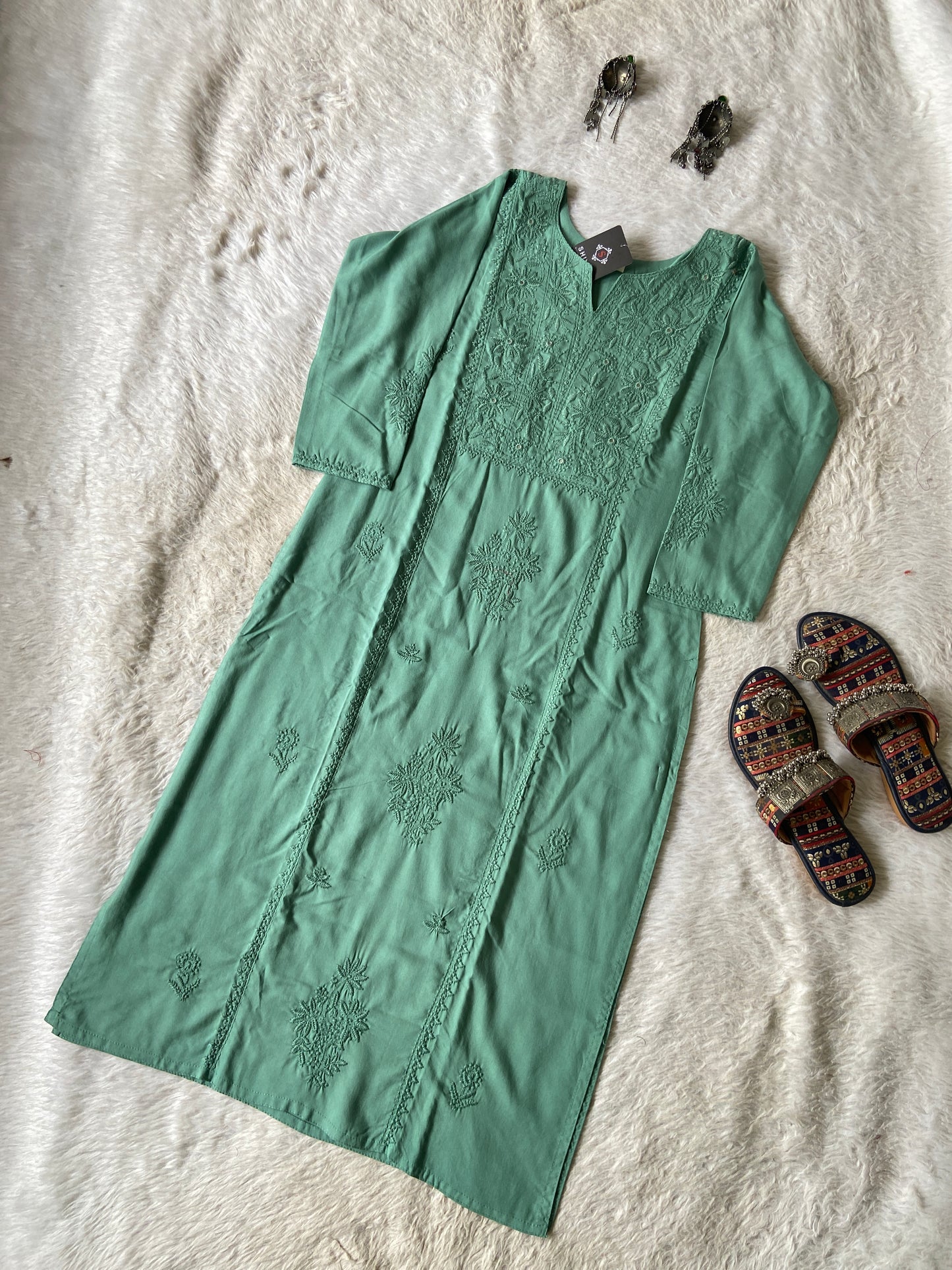 Rayon Straight Lucknowi Chikankari Long Kurti. Rayon Kurti For Women online India. Shop the Latest Festive Summer Collection at Shivani Designer Kurti.