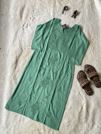 Rayon Straight Lucknowi Chikankari Long Kurti. Rayon Kurti For Women online India. Shop the Latest Festive Summer Collection at Shivani Designer Kurti.