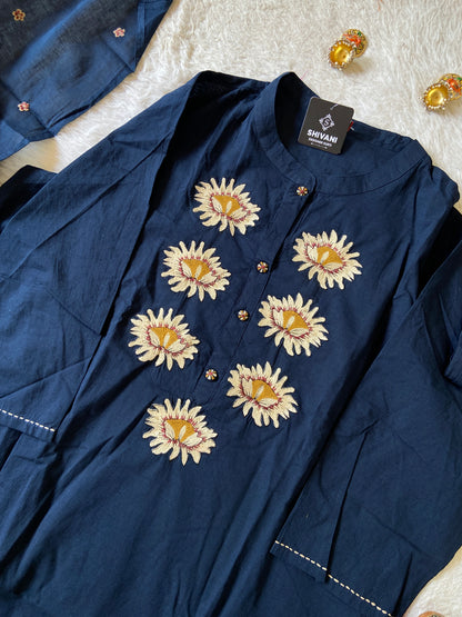 Flower Embroidery Work Cotton Straight Kurti, Pant And Dupatta. Cotton Suit Sets For Women Online India. Shop the Latest Festive Summer Collection at Shivani Designer Kurti.