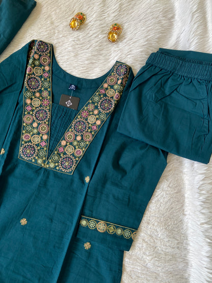 Embroidery Work Cotton Straight Cut Kurti With Pant And Dupatta. Cotton Suit Sets For Women Online India. Shop the Latest Festive Summer Collection at Shivani Designer Kurti.