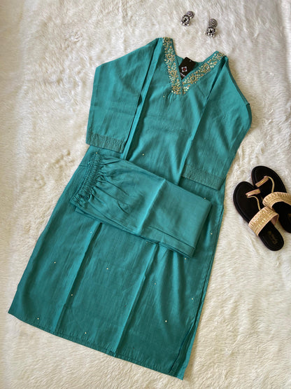 VNeck With Beautiful Handwork, StraightCut Kurti With Palazzo. Silk StraightCut Kurti Sets For Women