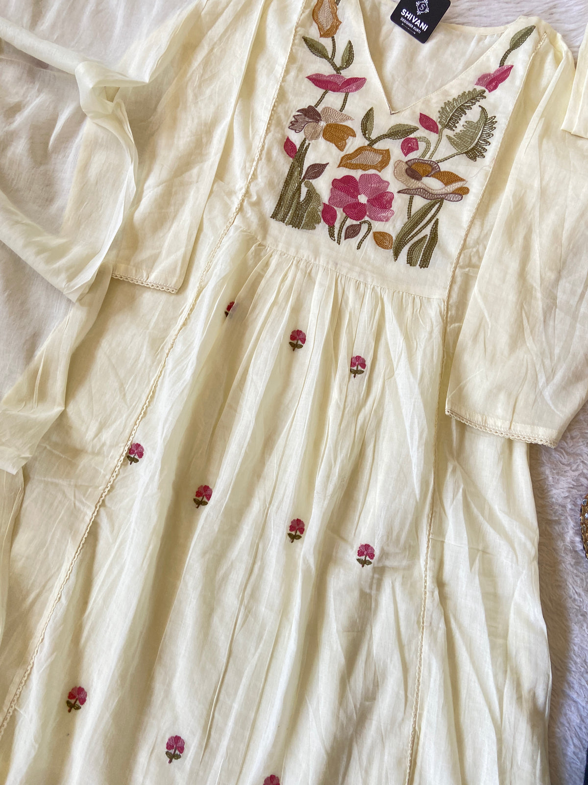 Flower Embroidery Work Cotton Aline Kurti, Pant And Dupatta. Cotton Suit Sets For Women Online India. Shop the Latest Festive Summer Collection at Shivani Designer Kurti.
