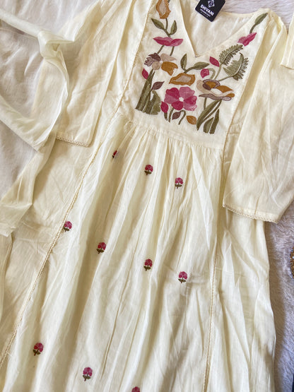 Flower Embroidery Work Cotton Aline Kurti, Pant And Dupatta. Cotton Suit Sets For Women Online India. Shop the Latest Festive Summer Collection at Shivani Designer Kurti.