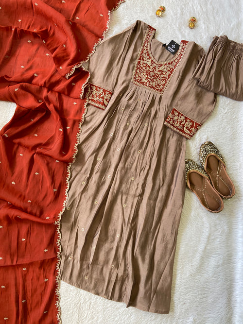 Beautiful Work In Neck, Aline Kurti With Semi Palazzo And Dupatta. Silk Suit Sets For Women Online India. Shop the Latest Festive Summer Collection at Shivani Designer Kurti.