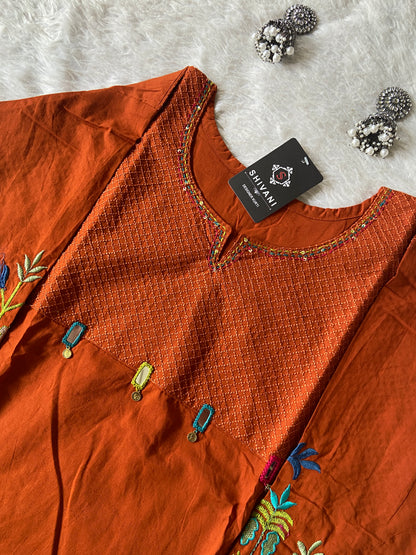 Embroidery Work Cotton Aline Kurti And Palazzo. Cotton Aline Kurti Sets For Women Online India. Shop the Latest Festive Summer Collection at Shivani Designer Kurti.