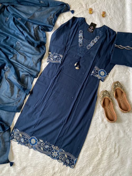 V-neck Style Embroidery Work Cotton Straight Kurtis With Palazzo And Dupatta.. Cotton Suit Sets For Women Online India. Shop the Latest Festive Summer Collection at Shivani Designer Kurti.