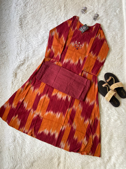Ikkat Print Cotton Aline Kurti With Palazzo. Cotton Aline Kurti Sets For Women Online India. Shop the Latest Festive Summer Collection at Shivani Designer Kurti.