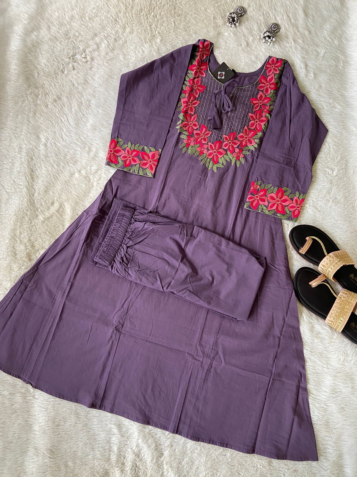 Embroidery Work Cotton Aline Kurti And Palazzo. Cotton Aline Kurti Sets For Women Online India. Shop the Latest Festive Summer Collection at Shivani Designer Kurti.