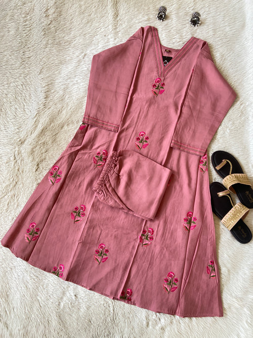 Embroidery Work Roman Silk Aline Kurti With Palazzo. Silk Kurti Sets For Women Online India. Shop the Latest Festive Summer Collection at Shivani Designer Kurti.