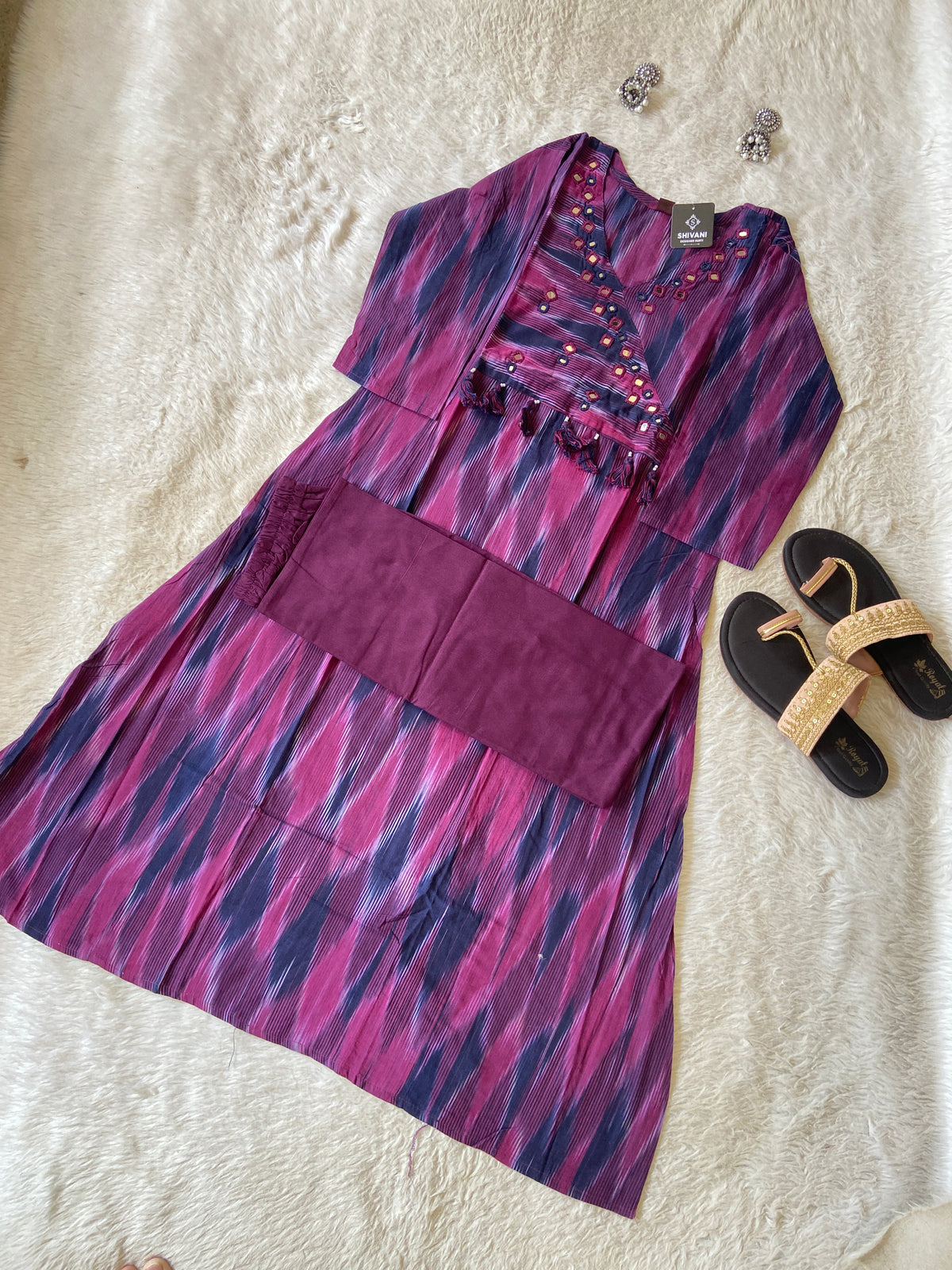 Ikkat Print Cotton Aline Kurti With Palazzo. Cotton Kurti Sets For Women Online India. Shop the Latest Festive Summer Collection at Shivani Designer Kurti.