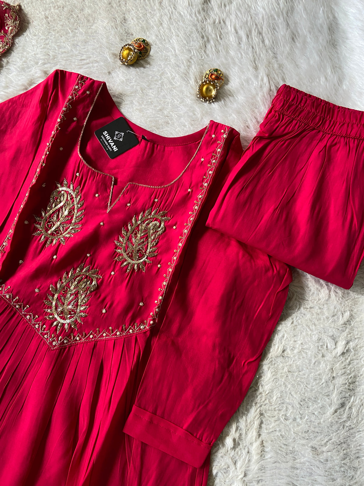 Handwork Aline Kurti With Palazzo And Dupatta. Silk Suit Sets For Women Online India. Shop the Latest Festive Summer Collection at Shivani Designer Kurti.