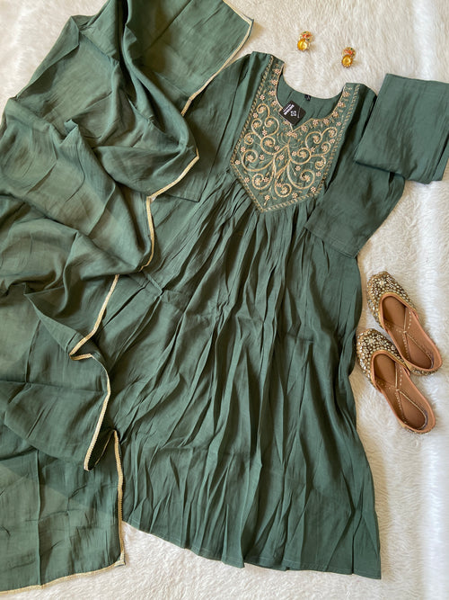 Embroidery Work Mul Chanderi ALine Kurti With Semi Palazzo And Dupatta. Silk Suit Sets For Women Online India. Shop the Latest Festive Summer Collection at Shivani Designer Kurti.