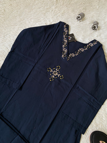V-Neck Golden Work Cotton Aline Kurti And Palazzo. Cotton Aline Kurti Sets For Women Online India. Shop the Latest Festive Summer Collection at Shivani Designer Kurti.
