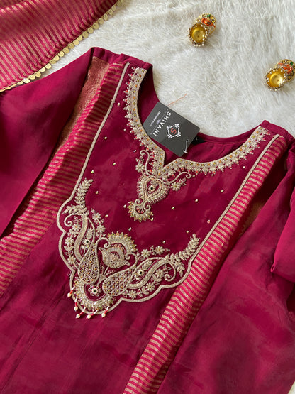 Embroidery Work Aline Kurti, Palazzo And Dupatta. Silk Suit Sets For Women Online India. Shop the Latest Festive Summer Collection at Shivani Designer Kurti.