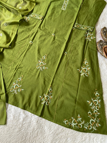 Embroidery Work Cotton Aline Kurti, Pant And Dupatta. Cotton Suits Sets For Women Online India. Shop the Latest Festive Summer Collection at Shivani Designer Kurti.