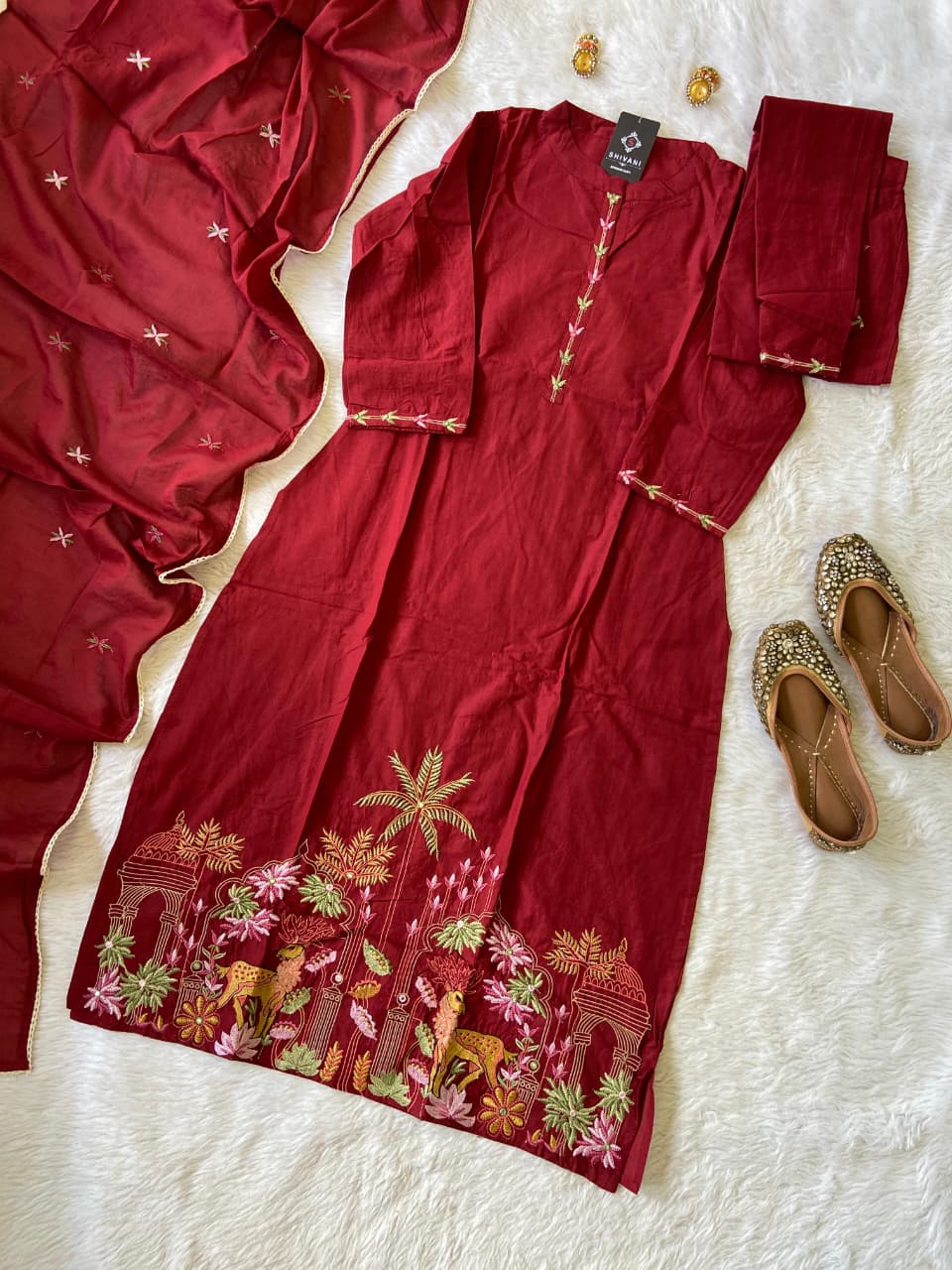 Stand Neck Kurti With Embroidery Work, Plain Palazzo And Dupatta. Cotton StraightCut Suit Sets For Women