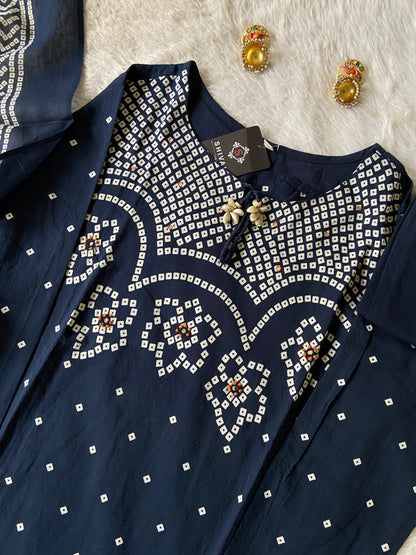 Bandani / Bandhej Print Cotton Aline Kurti With Palazzo And Dupatta.. Cotton Suit Sets For Women Online India. Shop the Latest Festive Summer Collection at Shivani Designer Kurti.