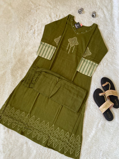 Mirror Work With Block Print Cotton Aline Kurti With Palazzo. Cotton Kurti Sets For Women Online India. Shop the Latest Festive Summer Collection at Shivani Designer Kurti.