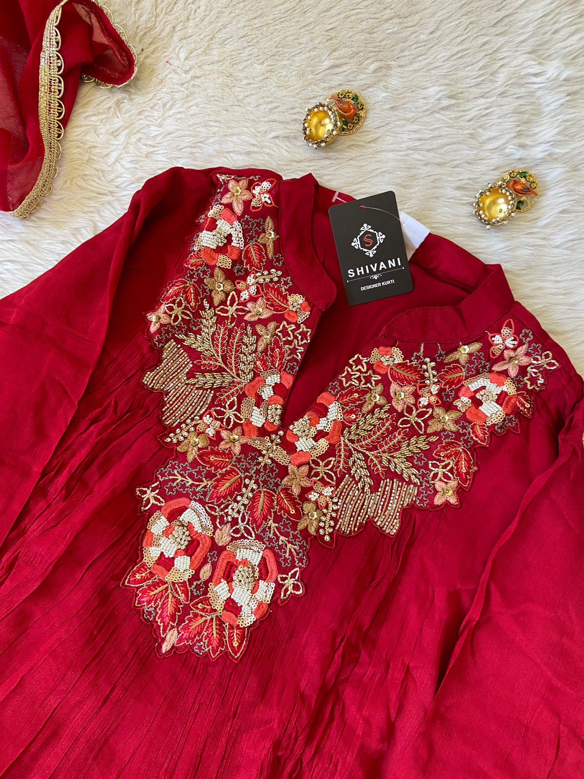 Premium Short Kurti Suit. Full Sleeve Chinnon Short Kurti With Full Flair Palazzo And Dupatta. Silk Suit Sets For Women Online India. Shop the Latest Festive Summer Collection at Shivani Designer Kurti.