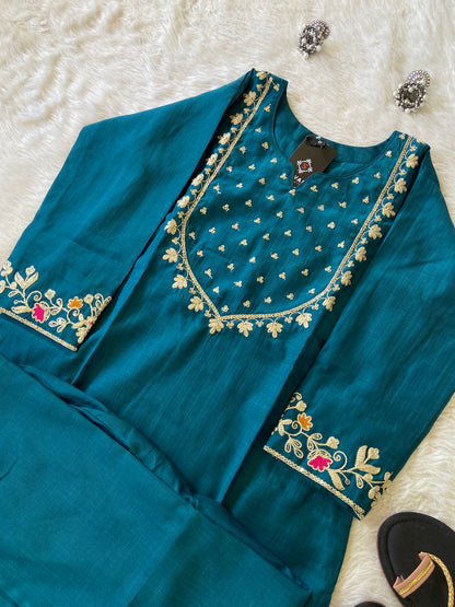 Sleeve Work And Neck Work Kurti With Matching Palazzo, Silk StraightCut Kurti Sets For Women