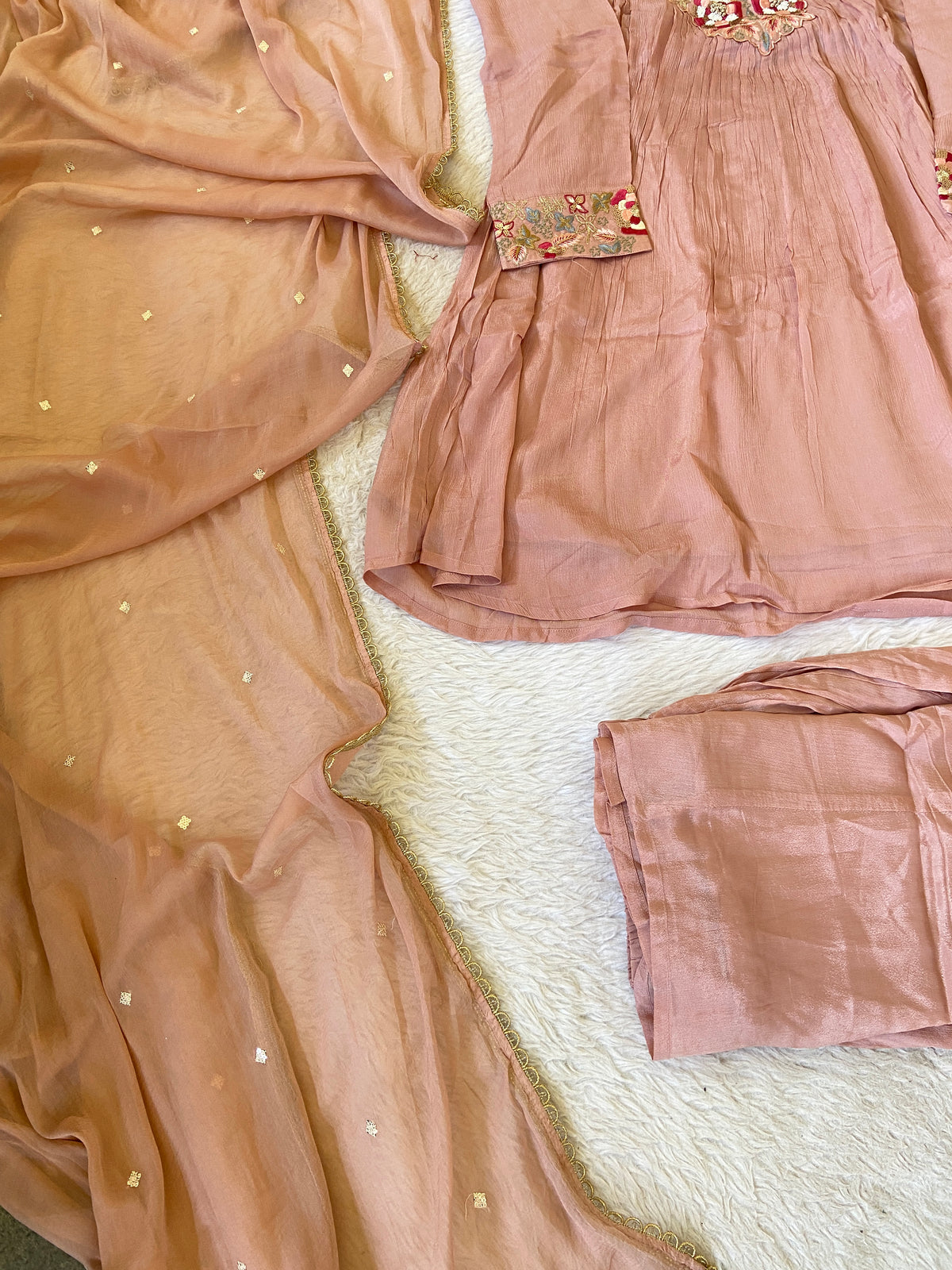 Premium Short Kurti Suit. Full Sleeve Chinnon Short Kurti With Full Flair Palazzo And Dupatta. Silk Suit Sets For Women Online India. Shop the Latest Festive Summer Collection at Shivani Designer Kurti.