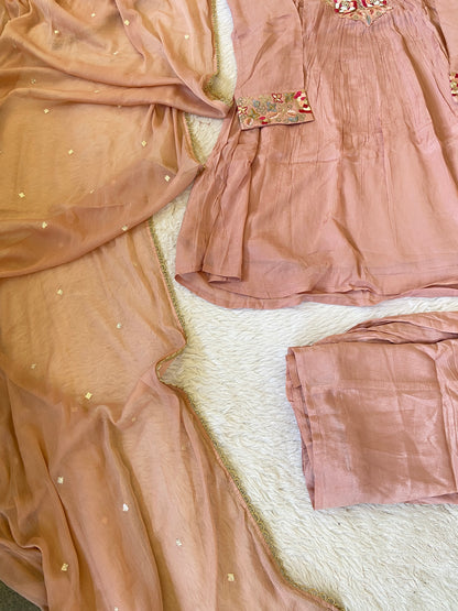 Premium Short Kurti Suit. Full Sleeve Chinnon Short Kurti With Full Flair Palazzo And Dupatta. Silk Suit Sets For Women Online India. Shop the Latest Festive Summer Collection at Shivani Designer Kurti.