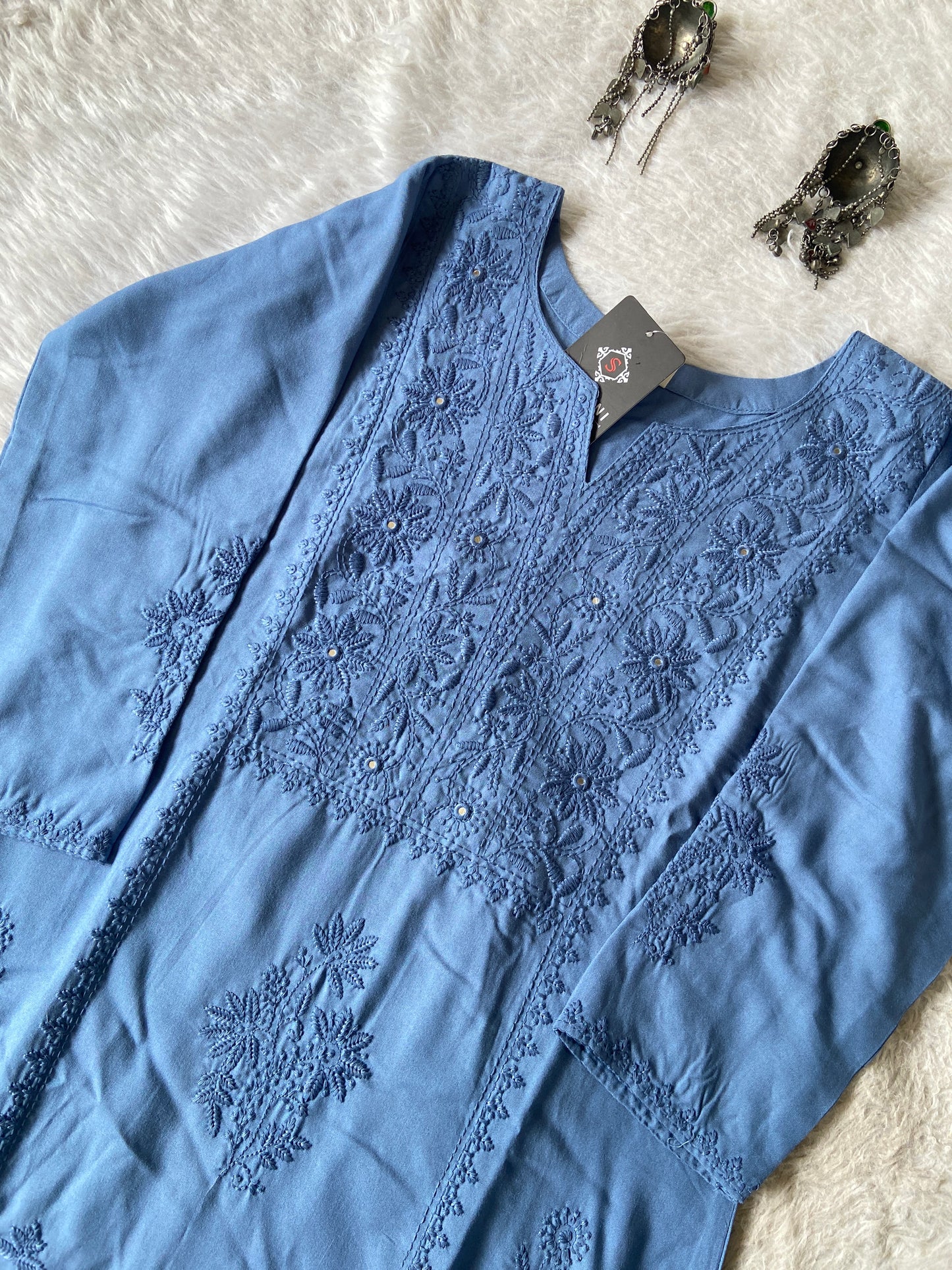 Rayon Straight Lucknowi Chikankari Long Kurti. Rayon Kurti For Women online India. Shop the Latest Festive Summer Collection at Shivani Designer Kurti.