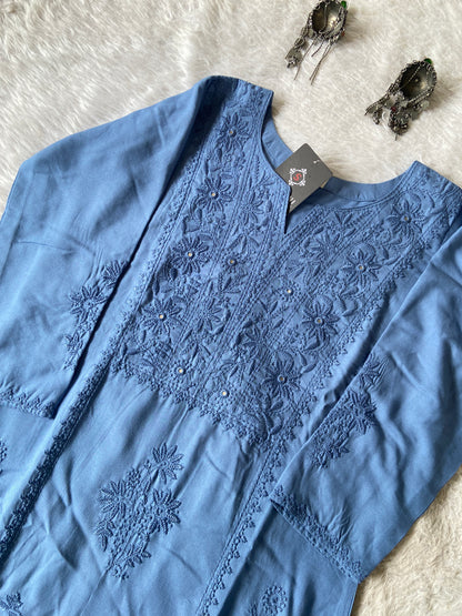 Rayon Straight Lucknowi Chikankari Long Kurti. Rayon Kurti For Women online India. Shop the Latest Festive Summer Collection at Shivani Designer Kurti.