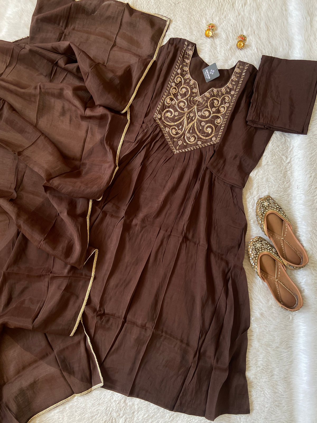 Embroidery Work Mul Chanderi ALine Kurti With Semi Palazzo And Dupatta. Silk Suit Sets For Women Online India. Shop the Latest Festive Summer Collection at Shivani Designer Kurti.