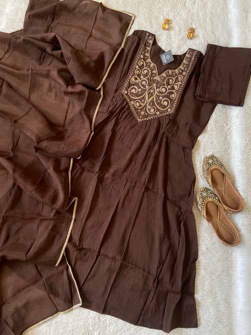 Embroidery Work Mul Chanderi ALine Kurti With Semi Palazzo And Dupatta. Silk Suit Sets For Women Online India. Shop the Latest Festive Summer Collection at Shivani Designer Kurti.