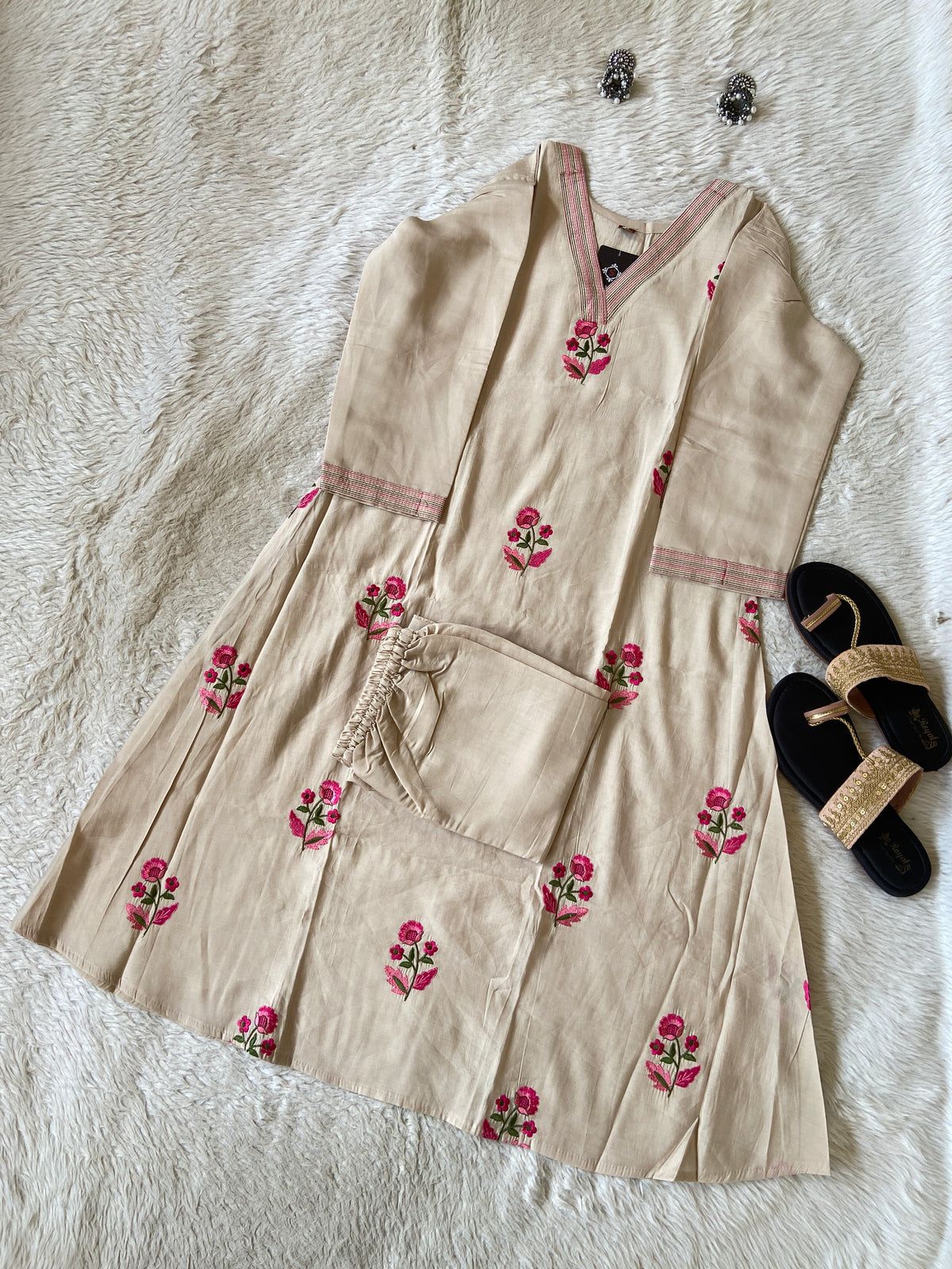 Embroidery Work Roman Silk Aline Kurti With Palazzo. Silk Kurti Sets For Women Online India. Shop the Latest Festive Summer Collection at Shivani Designer Kurti.
