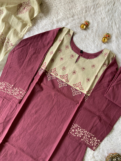 Patch Work In Neck, Cotton Straight Kurti With Palazzo And Dupatta (Gamthi Pair). Cotton Suit Sets For Women Online India. Shop the Latest Festive Summer Collection at Shivani Designer Kurti.